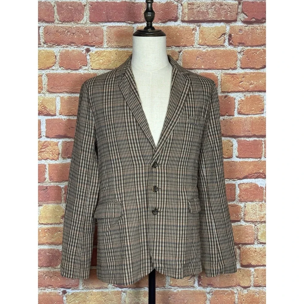 Rude XXX Mens Brown Plaid Blazer Jacket with Elbow Patches Size‎ Medium Academic